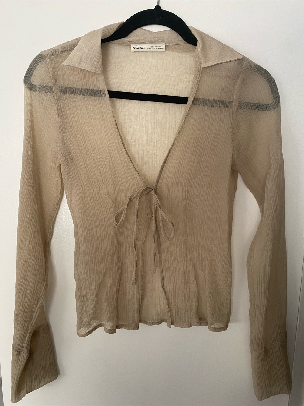 Pull&Bear Sheer Tie-Front Beige Long Sleeve Blouse